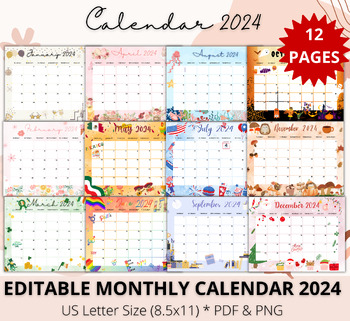 Preview of Editable Calendar 2024, Download Calendar, Digital Calendar 2024, PDF, PNG