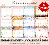 Editable Calendar 2024, Download Calendar, Digital Calenda