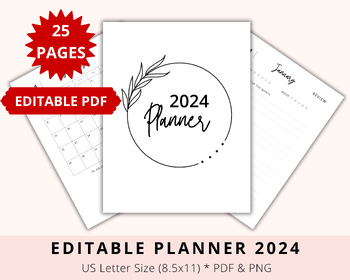 Preview of Editable Calendar 2024, Download Planner, Digital Calendar 2024, PDF, PNG