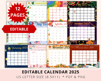 Preview of Editable Calendar 2025, Academic Planner, Teacher Calendar, Kid Calendar 2025