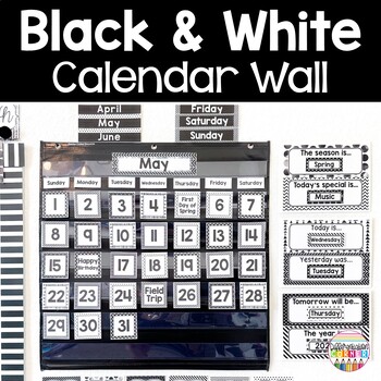 Preview of Editable Classroom Calendar Wall, Weather Birthday Black & White Classroom Decor