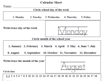 Preview of Editable Calendar Sheet