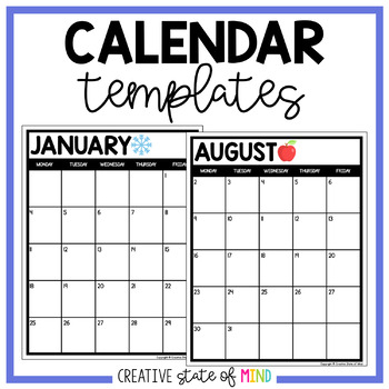 Editable Calendar Templates by Creative State of Mind | TpT