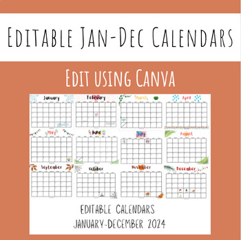 Preview of Editable Calendars Jan-Dec 2024