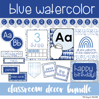Preview of Editable Blue Watercolor Classroom Decor Bundle Calming Theme Cool Colors