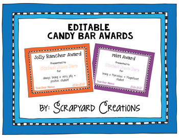 Preview of End of Year Editable Candy Bar Awards (6 Colors)