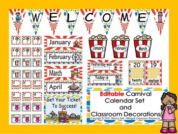 Preview of Carnival Calendar Set and Classroom Decorations {Editable}