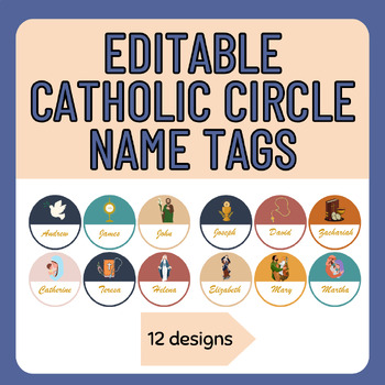 Preview of Editable Catholic Circle Name Tags - Classroom Decor, Bulletin Boards, Labels