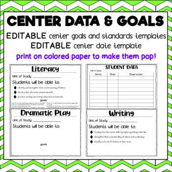 Preview of Editable Center Learning Objectives and Data Printables for 3K, Preschool, Pre-K