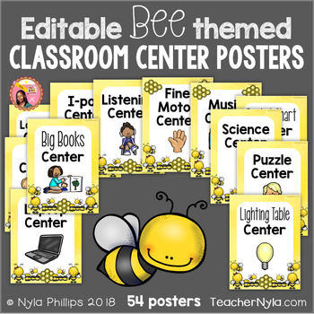 Preview of Bee Themed Center Labels - 54 Classroom Label Posters for Stations Editable