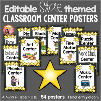 Preview of Star Themed Center Labels - 54 Classroom Label Posters for Stations Editable