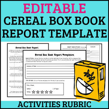 Preview of Editable Cereal Box Book Report Template & Activities Rubric