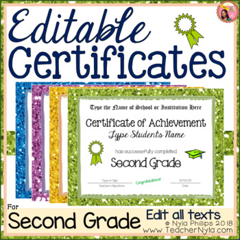 Preview of Editable Certificates for Second Grade End of Year - Glitter Borders