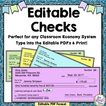 Preview of Editable Checks - Blank Check Book Checks Type Into Them - for Classroom Economy