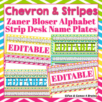 Preview of Editable Chevron & Stripes Desk Nameplates w/ both Cursive&Print Zaner Bloser