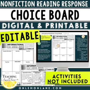 Preview of Editable Choice Board Nonfiction Reading Choice Board ACTIVITIES SOLD SEPARATELY