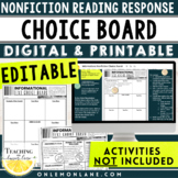 Editable Choice Board Nonfiction Reading Choice Board ACTI
