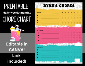 Preview of Editable Chore Chart with Canva Link Colorful