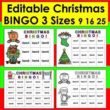 Editable Christmas Bingo 6 Sets of 30 Cards Differentiated 9, 16, and 25 Items