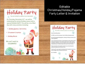 Preview of Editable Christmas/Holiday/Pajama Party Letter & Invitation (Santa Version)