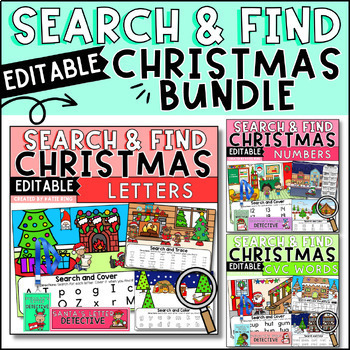 Preview of Editable Christmas Search and Find Activity Bundle: Math, Alphabet, and CVC