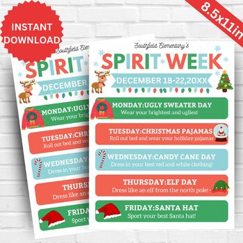 Editable Christmas Spirit Week Flyer Canva Template, School Spirit Schedule