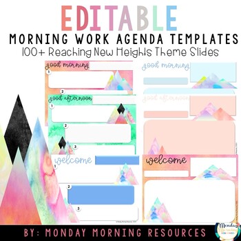 Preview of Editable Class Agenda & Morning Work Slides - Reaching New Heights Theme
