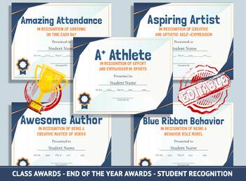 Preview of Editable Class Awards Middle School End of the Year, Student Recognition
