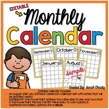 Editable Monthly Class Calendar: Aug. 2019-July 2020 With Free Updates