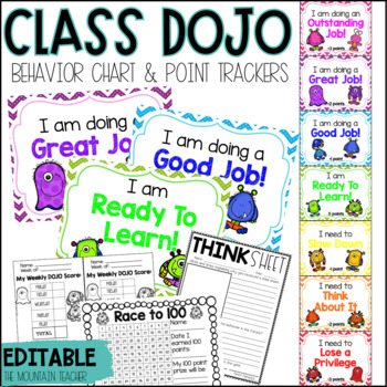 Preview of Editable Class DOJO Behavior Clip Chart and Rewards Point Tracker