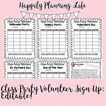 Preview of Editable Class Party Volunteer Sign Up Sheets