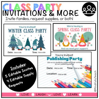 Preview of Editable Class Party and Writing Celebration Invitations/Notifications