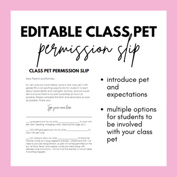 Preview of Editable Class Pet Permission Slip
