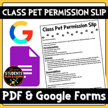 Preview of Editable Class Pet Permission Slip PDF & Google Forms