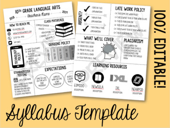 Preview of Editable Class Syllabus Template: Back to School Night, Class Information, etc.