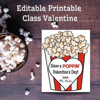 Preview of Editable Class Valentine Popcorn Printable Valentine's Day Party Gender Neutral