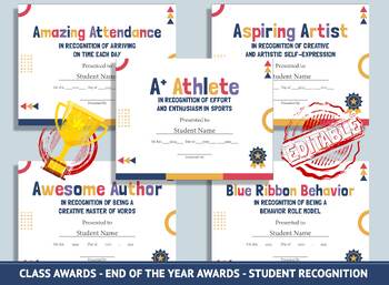 Preview of Editable Classroom Awards for Middle & High School Students, End of Year Awards
