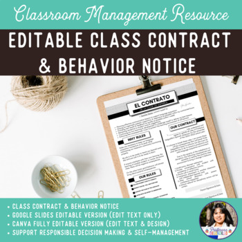 Preview of Editable Classroom Contract Template & Behavior Notice for Spanish Classes