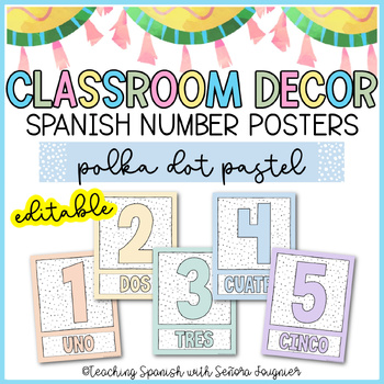 Preview of Editable Classroom Decor Spanish Number Posters Polka Dot Pastel Back to School