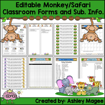 Preview of Editable Classroom Forms and Substitute Info. - Jungle/Safari/Monkey Theme