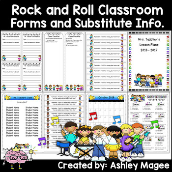 Preview of Editable Classroom Forms and Substitute Info. Rock and Roll Kids Theme (Sub Tub)