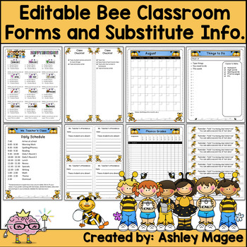 Preview of Editable Classroom Forms and Substitute Information - Bumble Bee themed
