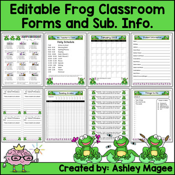 Preview of Editable Classroom Forms and Substitute Information - Frog Theme