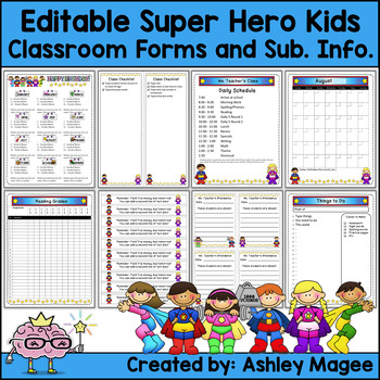 Preview of Editable Classroom Forms and Substitute Information - Super Hero Kids themed