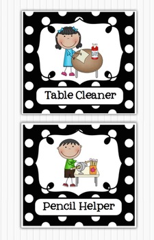 Preview of Editable Classroom Jobs Helpers - Black and White Polka Dots - 46 cards