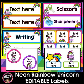 Preview of Editable Classroom Labels, Name Labels, Book Labels (Neon Rainbow Unicorn)