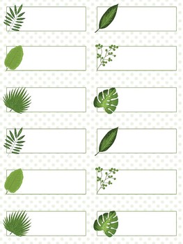 editable classroom desk labels name tags botanical plant leaves theme