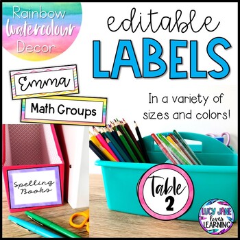 Preview of Editable Classroom Labels | Book Box Supply Labels | Watercolor Rainbow