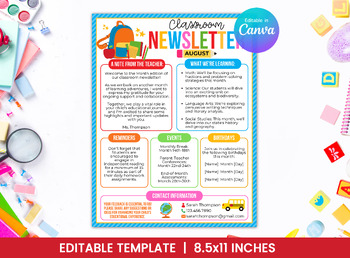 Preview of Editable Classroom Newsletter Template for August - School Design - TCHRNWSL
