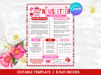 Preview of Editable Classroom Newsletter Template for February - Valentine's Day - TCHRNWSL
